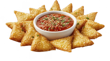 Golden fried wonton triangles with sprinkle of sesame seeds surrounding a red sauce bowl, appetizer snack with dipping, on a transparent background, PNG image, PNG file.