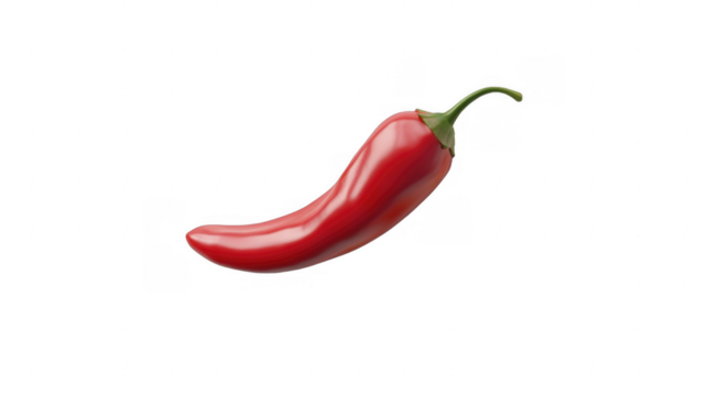 Vibrant single chili pepper, glossy red with a curly green stem, angled view against solid backdrop, spicy ingredient. on a transparent background, PNG image, PNG file.