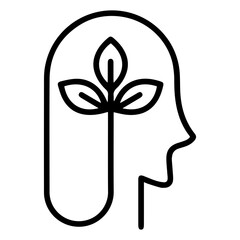 Plant connected to mind (outline style). A plant growing inside a human head symbolizes growth, thought, or nature. Represents the connection between the mind and the natural world, inner growth