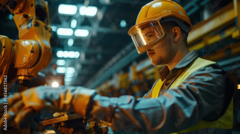 Poster Engineer in a yellow safety helmet operating a robotic arm in a high-tech factory. Industrial automation and advanced engineering.