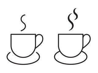 Set of two cups linear icons isolated on transparent background. Simple cute cup with steam. Tableware line icon. Hot cup vector illustration. Coffee or tea cup with saucer.