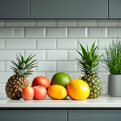 Variety of fresh fruits composition with pineapple mango and citrus