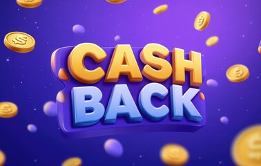 Fototapeta premium Cash Back 3D gold text effect with flying coins and blue purple background