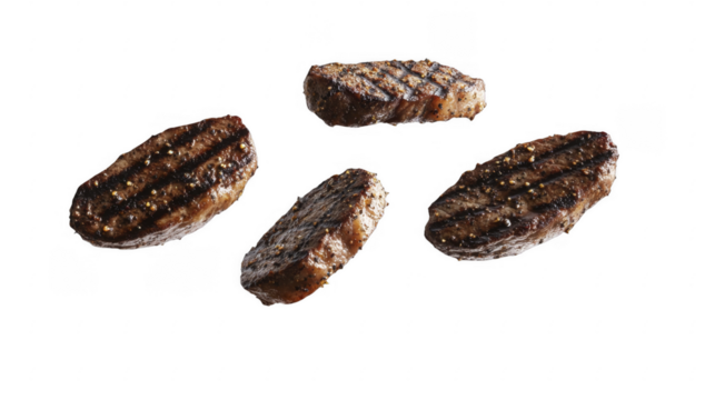 Juicy grilled beef steak cuts showing grill marks and seasoning, ready to serve for fine dining, studio shot, on a transparent background, PNG image, PNG file.