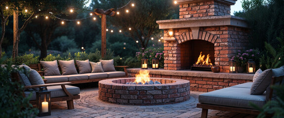 Cozy outdoor living space with a fireplace fire pit and string lights at night