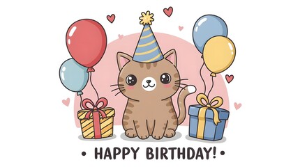 Obraz premium Cute Cartoon Cat Celebrating Birthday with Balloons and Presents Illustration