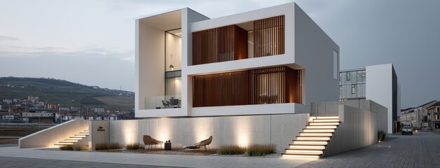 Fototapeta premium A modern home radiates with vibrant lights, casting a warm glow throughout a tranquil neighborhood under the night sky