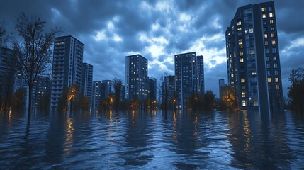 Obraz premium A city experiencing severe flooding due to rising sea levels