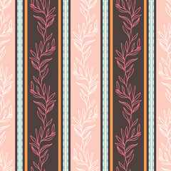 Line Art Leaves Vector Seamless Stripe Pattern