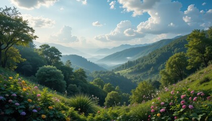 Scenic mountain valley landscape with vibrant flora.