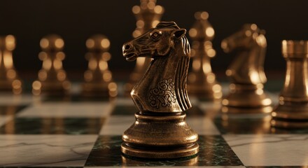 Close up of a bronze chess knight with ornate pattern on its chest, standing in focus on a marble chessboard with other pieces in the background.