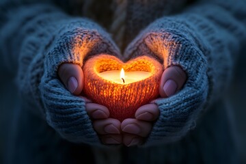 Lit heart shaped candle symbolizing warmth and comfort held gently in knitted hands