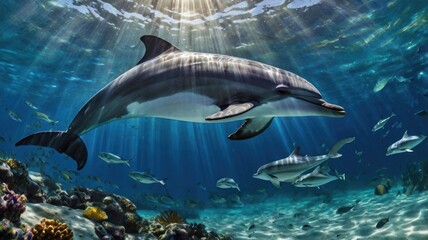 Fototapeta premium Majestic dolphin in sunlit ocean depths