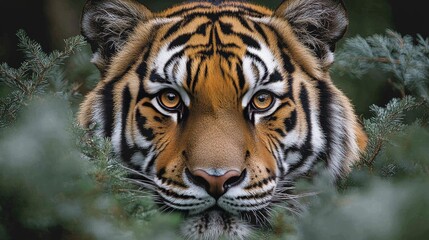Fototapeta premium Majestic tiger staring intensely in golden sunset light in wild grass field.