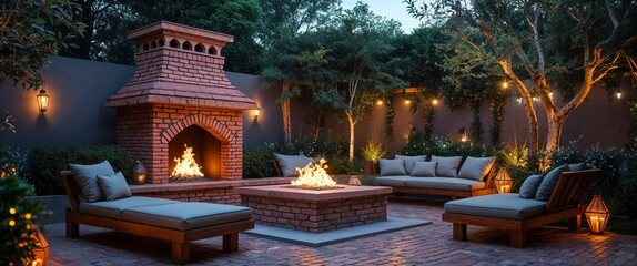 Cozy outdoor living space with brick fireplace and lounge furniture at dusk