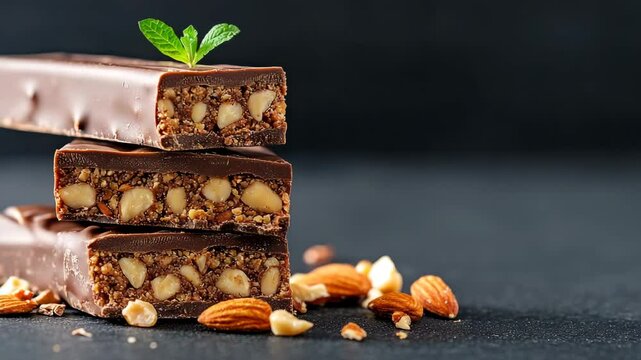 A premium chocolate nut bar with almonds and peanuts, chocolate nut bar showing chocolate nut bar texture, perfect chocolate nut bar shot for food advertising Chocolate protein bar