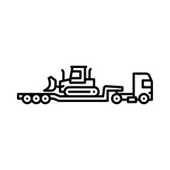 truck with lowboy trailer outline icon. lowboy trailer load a bulldozer black line illustration.