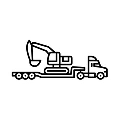truck with lowboy trailer outline icon. lowboy trailer load excavator black line illustration.