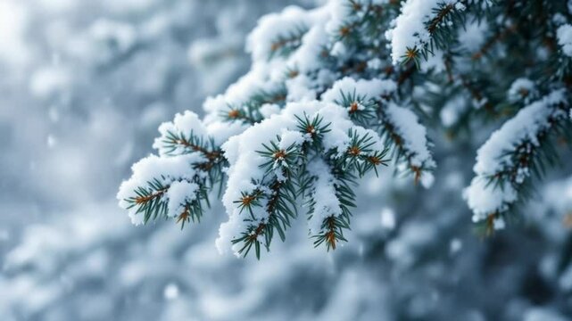 Heavy snow falling from fir tree branch in slow mo. Coniferous snowy tree in winter. Slow motion footage of falling snowflakes