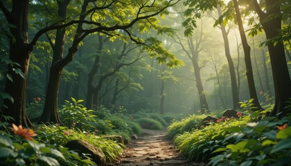 Lush, sunlit forest path winding through vibrant vegetation.