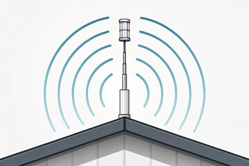 Fototapeta premium 5G antenna on rooftop with dynamic lines representing signal transmission A wireless antenna with signal waves emanating from its top on a building's rooftop.