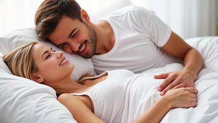 A man and a woman laying in bed together.