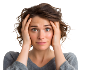 Portrait of a concerned woman with a worried expression, holding her head in her hands.