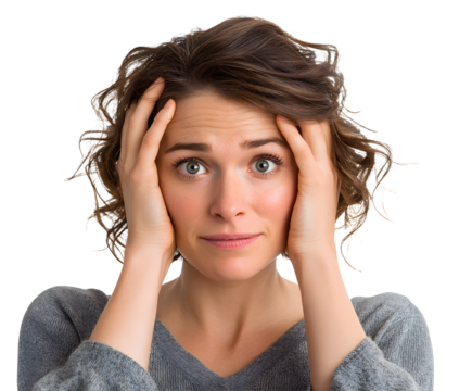 Portrait of a concerned woman with a worried expression, holding her head in her hands.