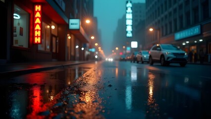 Rainy Cityscape: Reflections on Wet Streets and Neon Lights, Cars on the Road in an Urban Ambiance