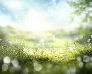 Obraz premium Dreamy Meadow Landscape with Flowers, Green Grass, Bright Sunlight and Floating Bubbles