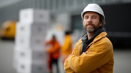 Warehouse worker in hard hat stacking boxes at logistics center background