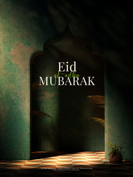 Eid al Adha Mubarak Islamic decoration greetings green background 3d render