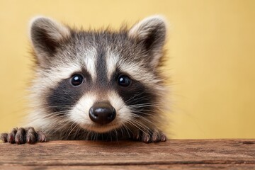Cute raccoon peeking over wooden surface with curious expression against yellow background