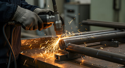 Industrial Worker Cutting Metal Pipe with a Plasma Cutter Sparks Flying in a Workshop Setting Well Lit and Protective Gears