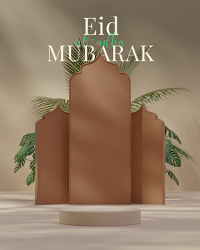 Eid al Adha Mubarak Islamic podium decoration greetings beige background 3d render
