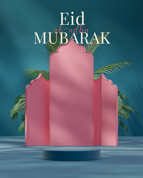 Eid al Adha Mubarak Islamic podium decoration greetings pink blue background 3d render