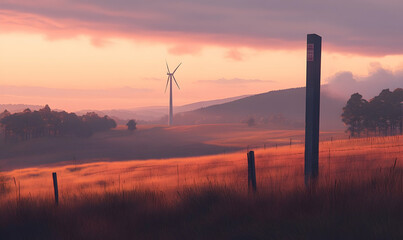 Wind turbine on a hillside at sunset renewable energy and rural landscape
