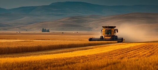Fototapeta premium Combine harvester on the wheat field. Agriculture farming business. Generative AI technology.