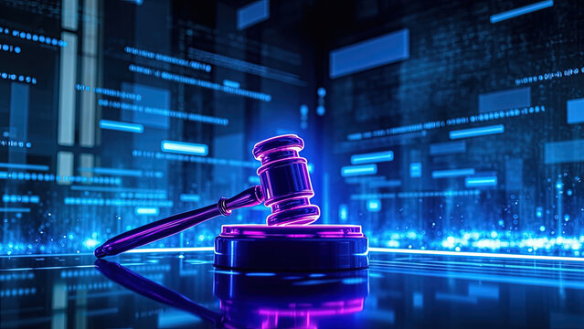 Futuristic digital law concept with judge's gavel with neon blue and purple lighting&ndash; cybersecurity law, legal technology, blockchain regulation, and AI Governance