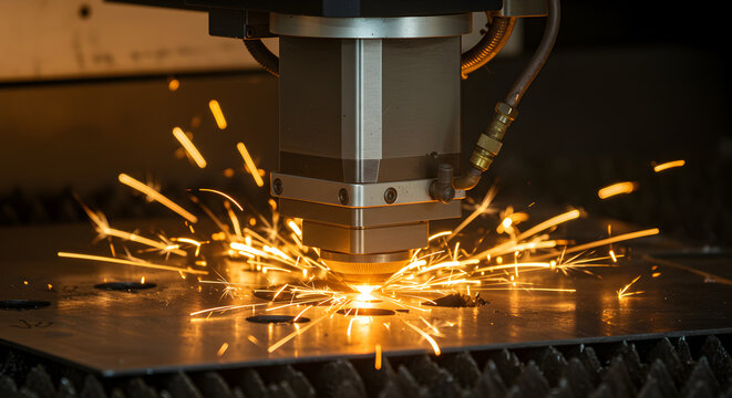 Laser Cutter Cutting Metal with Bright Sparks in Industrial Dark Background and Intense Yellow Light Focused on the Precision Cutting Point
