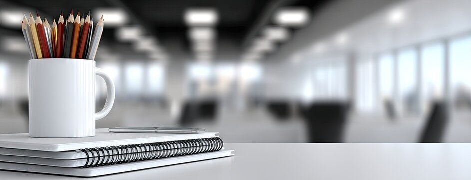 Colorful pencils in a decorative mug on a desk create an inviting atmosphere for creativity alongside a notebook and stationery in a modern workspace