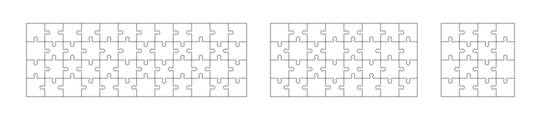 Set of blank jigsaw puzzle templates in various sizes, black outlines on white background, isolated vector layout for design or customization.