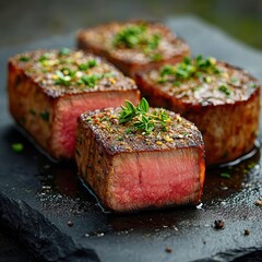 Rosemary sprig garnish crowning tender beef medallions with juices pooling on slate stone surface, upscale restaurant-ready filet mignon portions with ideal cooking gradient