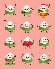 Cute rice dumplings cartoon character emoji set 