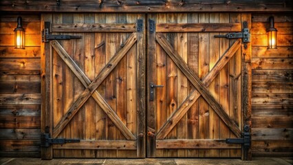 Naklejka premium Rustic Wooden Double Doors with X-shaped Bracing and Antique-Style Wall Lights at Dusk