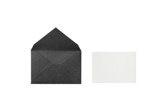An opened black envelope and a white message card