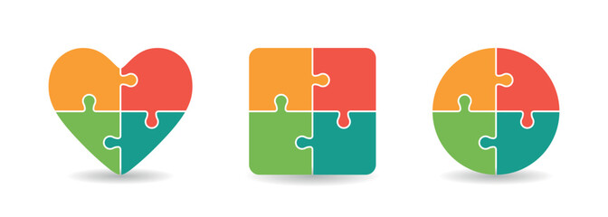 Colorful puzzle pieces forming a heart, square, and circle shape, symbolizing unity, teamwork, and diversity on a white background.