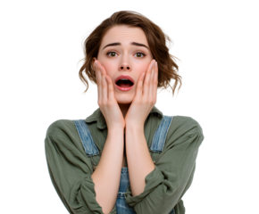 A young woman with a shocked expression, hands on her face, captured in a portrait.