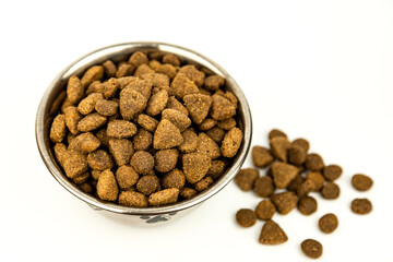 A full bowl of pet food. Food for pets. Top view
