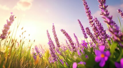 Naklejka premium Lively lavender flowers in full bloom, intertwined with fresh green leaves and strong stems under a clear sky